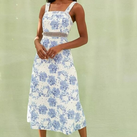 Lulus See the World Floral Midi Dress Blue White Size Medium - Picture 1 of 14
